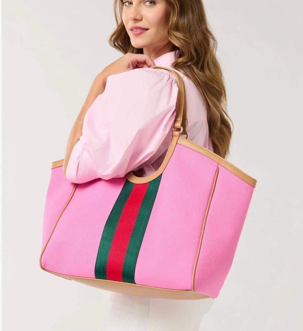 Shiraleah Scala Pink Tote Bag Racer Stripe Canvas Shoulder Handbag Work Travel